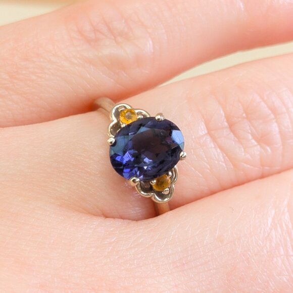 14K White Gold Iolite & Citrine Ring - 8×7 mm Oval, Alt Engagement, Size 5.75
